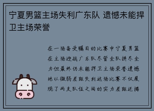宁夏男篮主场失利广东队 遗憾未能捍卫主场荣誉