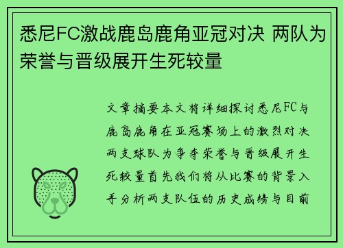 悉尼FC激战鹿岛鹿角亚冠对决 两队为荣誉与晋级展开生死较量