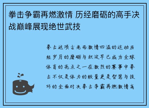 拳击争霸再燃激情 历经磨砺的高手决战巅峰展现绝世武技