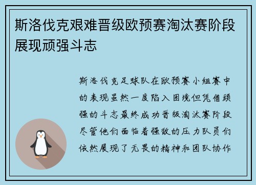 斯洛伐克艰难晋级欧预赛淘汰赛阶段展现顽强斗志