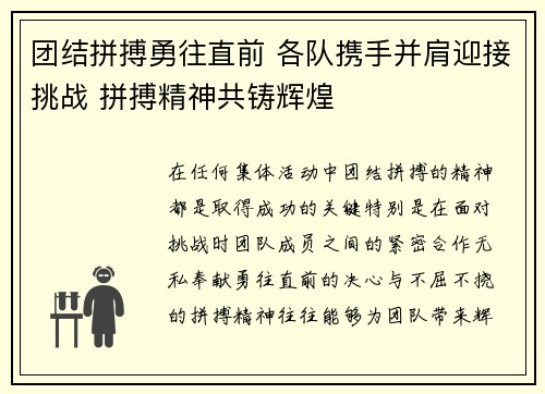 团结拼搏勇往直前 各队携手并肩迎接挑战 拼搏精神共铸辉煌