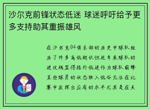 沙尔克前锋状态低迷 球迷呼吁给予更多支持助其重振雄风